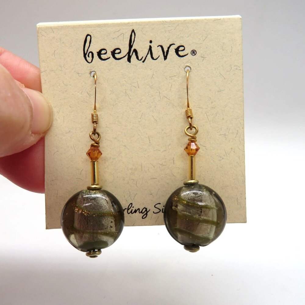 Beehive Earrings Sterling Silver Gray Metallic Glass Beads Amber‎ Crystal New